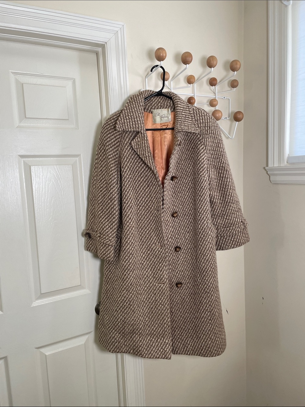 The Room - Vintage Wool Herringbone Pea Coat with Peach Lining - M